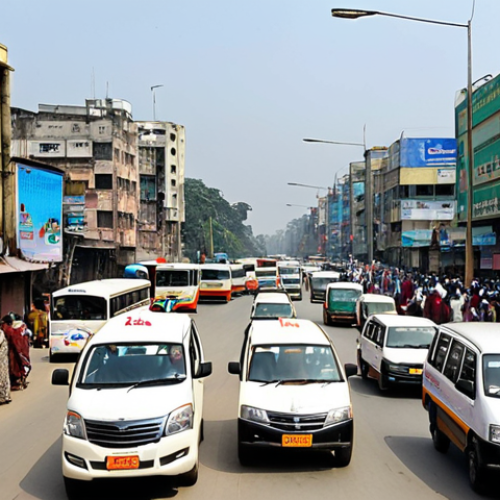 Home 4 **
A bustling city street scene in Dhaka, Bangladesh. Show a diverse group of people including professional drivers, traffic managers in control rooms, and tech-savvy individuals using ride-sharing apps. Depict both modern buses with GPS tracking and older vehicles. Emphasize the mix of opportunities and challenges in the road transport sector, highlighting both the responsibility of drivers and the use of technology for efficiency. Use a realistic style.
**