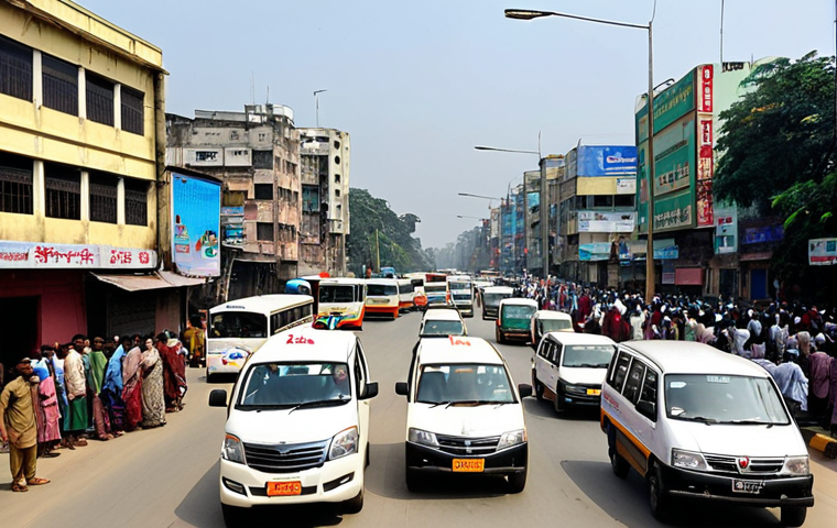 **
A bustling city street scene in Dhaka, Bangladesh. Show a diverse group of people including professional drivers, traffic managers in control rooms, and tech-savvy individuals using ride-sharing apps. Depict both modern buses with GPS tracking and older vehicles. Emphasize the mix of opportunities and challenges in the road transport sector, highlighting both the responsibility of drivers and the use of technology for efficiency. Use a realistic style.
**